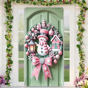 Imagem de BlissYard Capa de porta rosa de guirlanda de Natal 188 x 89 cm, faixa de Natal para decoração interna e externa, grande pano de fundo de inverno com enfeite de arco de lanterna de casa de boneco de