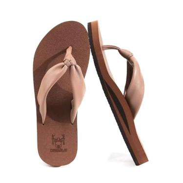 Imagem de KuaiLu Chinelo feminino com suporte de arco confortável tapete de ioga almofada tanga sandálias de couro para mulheres, moda sem cadarço, verão, praia, caminhada, interior, exterior, viagem, chinelos