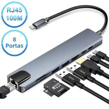 Imagem de Adaptador Hub USB 8 Em 1 Tipo C 3.1 Com HDMI 4K, RJ45, Leitor De Cartã