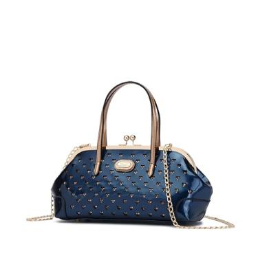 Imagem de BRANGIO Bolsa Itália – Bolsa de couro com tachas de coração, fecho Kiss-Lock e alça de corrente | Empresa dos EUA envia de L.A., Azul royal