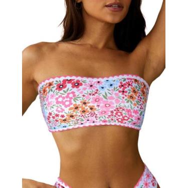 Imagem de Top de biquíni ZAFUL texturizado Bandeau sem alças rosa