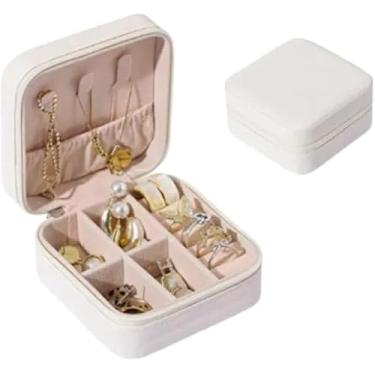 Imagem de Porta-Joias Portátil – Organizador Compacto, Estojo de Viagem, Ganchos p/Colares, Divisórias Ajustáveis, Porta-Anéis e Brincos, Fecho com Ziper, Ideal para Gaveta, Mala ou Bolsa (Branco)