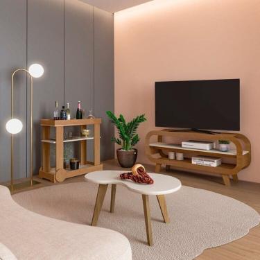 Imagem de Kit para Sala de Estar Mesa de Centro e Carrinho Bar e Rack Théo Cinamomo/Off White