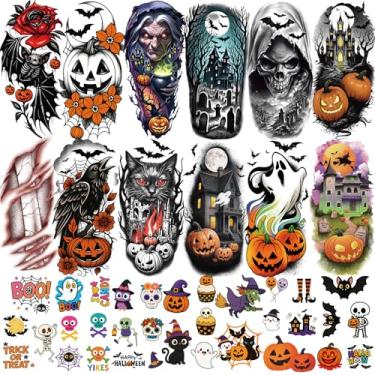 Imagem de 77 folhas, tatuagens temporárias de Halloween, mulheres, homens, 17 peças, meia manga, abóbora, morcego, corvo, bruxa, caveira, tatuagens falsas, para adultos, 60 peças, gato-aranha, cicatriz fantasma