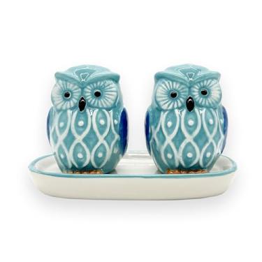 Imagem de Conjunto de coqueteleira de cerâmica em forma de coruja com base de cerâmica - 2 dispensadores de sal e pimenta com tampas de plástico para decoração de mesa de jantar de cozinha (azul)