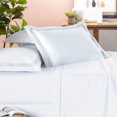 Imagem de Jogo Cama Lençol Trivio Casal 400 Fios Bordado Fronhas Aba Americana 4 Peças Branco