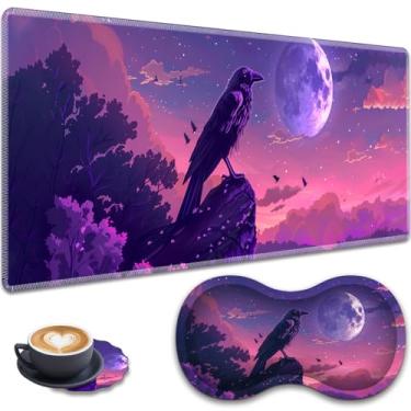 Imagem de Mouse pad grande para jogos + descanso de pulso + porta-copos de renda, conjunto antiderrapante, com bordas costuradas e tapete de mesa expansível à prova d'água, adequado para escritório/casa, corvos