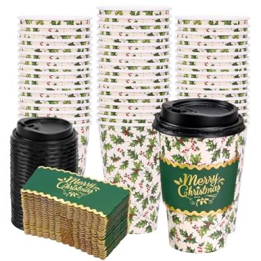 Imagem de Whaline 50 peças de copos de café descartáveis de Natal com tampas e mangas copo de papel de azevinho para festas de inverno