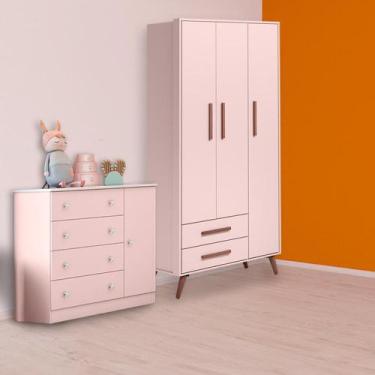 Imagem de Quarto Infantil Guarda Roupa Retro e Cômoda Sapateira Rosa - Qmovi