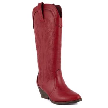 Imagem de Sugar Botas femininas caubói ocidentais – Botas de cano médio com detalhe de costura/design perfurado – bico fino, salto bloco, ajuste sem fecho, Dois degraus - vermelho, 36