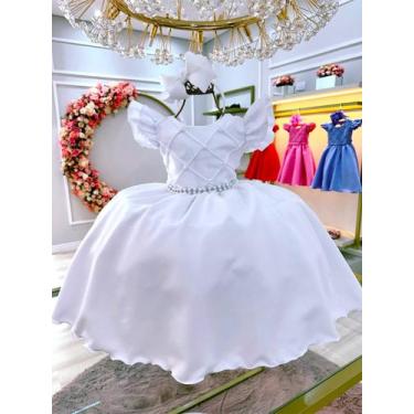 Imagem de Vestido Infantil Branco Busto Nervura C/ Pérolas Casamentos (7509BR) -
