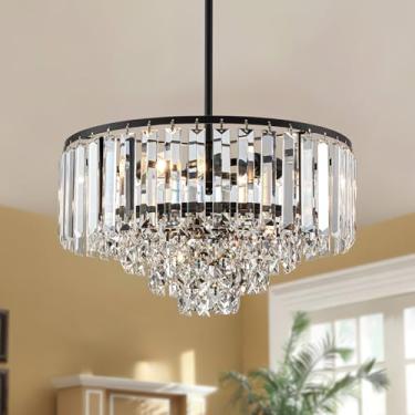 Imagem de Lustres de cristal K9 de 5 camadas para sala de jantar lustre sobre mesa, lustre de cristal redondo preto moderno de 38 cm luminárias pendentes de sala de jantar para cozinha, ilha, quarto, entrada