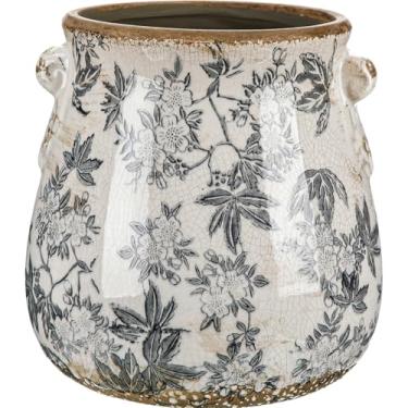 Imagem de Ninehaoou Vaso floral chinês de 16,5 cm com orifícios de drenagem, vaso de flores vintage, vaso de flores rústico para plantas de interior, jardim, casa, decoração de estante (cinza retrô)