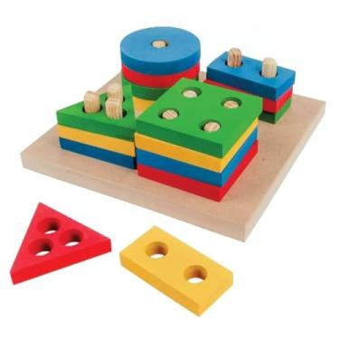 Imagem de Brinquedo Educativo de Madeira, Blocos Geométricos Coloridos, 16 Peças com Base, Desenvolvimento Motor e Cognitivo, para Crianças a partir de 3 Anos