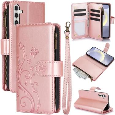 Imagem de Capa carteira para Samsung Galaxy A55 5G, couro sintético e TPU à prova de choque, 6 compartimentos para cartões/compartimento para dinheiro/bolso com zíper, fecho magnético, alça de pulso removível