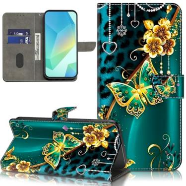 Imagem de ALILANG Capa para Samsung Galaxy A15 5G/4G, carteira de couro PU com suporte para cartão e alça de pulso para Galaxy A15 - Borboleta de flor dourada