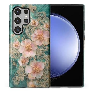 Imagem de CARLOCA Compatível com Samsung Galaxy S24 Ultra Full Body Protective Glossy Case para meninas meninos à prova de choque estética padrão rosa ouro flores renda verde tinta mármore