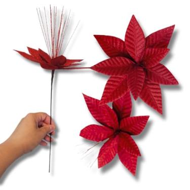 Imagem de 2 Flores Artificiais Vermelhas 30cm com Haste para decoração Natalina, Árvore de Natal, Mesa e Guirlanda | Enfeite Natalino Sofisticado com Brilho e Textura Realista para Festas de Final de Ano
