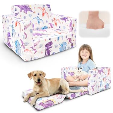 Imagem de Beavtaens Sofá infantil, sofá dobrável 2 em 1, sofá conversível para espreguiçadeira para meninas e meninos, cadeiras infantis macias confortáveis de 1 a 3 anos - dinossauro branco