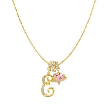 Imagem de JALZEMPL Colar de coração com inicial para mulheres, pingente de zircônia cúbica rosa, diamante banhado a ouro 14K, joia de cristal para presente, Latão, Zircão
