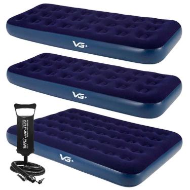 Imagem de Kit 2 Colchões Infláveis Solteiro + 1 Colchão Casal Flocked Comfort Com Bomba Manual Vg Plus