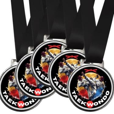 Imagem de Kit 5 Medalhas Para Taekwondo de Premiação de Luta Campeão Artes Marciais 50mm Com Fita Preta