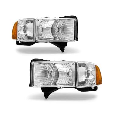 Imagem de ADCARLIGHTS Faróis para Dodge Ram1500 Sport/2500/3500 1999 2000 2001 Cromado Carcaça Âmbar Refletor Substituição Par Cromado Refletor Âmbar Lente Transparente L+R