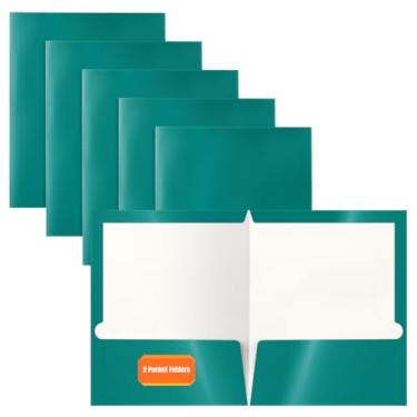 Imagem de Pasta de papel azul-petróleo laminada brilhante com 2 bolsos, caixa com 25, tamanho de letra, carteiras de papel azul da Better Office Products, pacote com 25