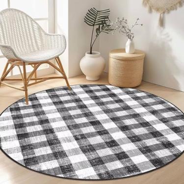 Imagem de COLORPAPA Tapete quadriculado 1,2 m, tapetes redondos laváveis para sala de estar, tapete moderno neutro antiderrapante para quarto, escritório, pátio, sala de jantar (preto e branco)