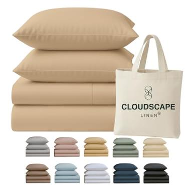 Imagem de Lençóis Cloud Scape Linen 100% algodão egípcio para cama queen size, 400 fios, qualidade hoteleira, conjunto de lençóis de algodão macio, durável, bolsos profundos de até 43 cm, linho