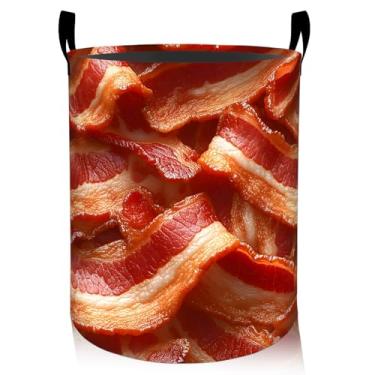 Imagem de ainori Cesto de roupa suja de bacon, tecido Oxford, engraçado, realista, cesto dobrável para decoração de quarto, comida de carne e café da manhã, organizador de brinquedos 19,7 x 15,8 polegadas para