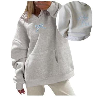 Imagem de Laço bordado com capuz para mulheres, suéter casual azul, tamanho M - 