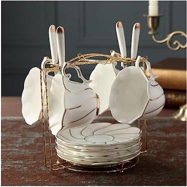 Imagem de Conjunto de chá xícaras de chá conjunto de bule de chá simples conjunto de xícara de chá de cerâmica conjunto de xícara de café europeu e pires com suporte de metal para casa conjunto de xícara de chá
