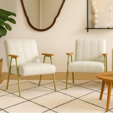 Imagem de Poltrona Sala Decorativa Industrial Dourado Kit 2 Laurita Linho K01 - D'rossi Cor Bege