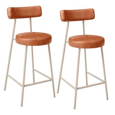 Imagem de Kit 02 Banquetas Baixa Cozinha Sala Jantar Bancada Milão Arena L02 Couríssimo Camel - Lyam Decor