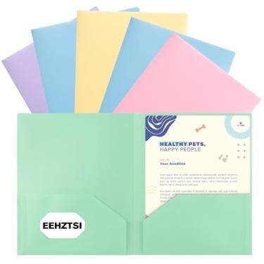 Imagem de EEHZTSI Pacote com 6 pastas de plástico com bolsos, pastas de poliéster com 2 bolsos para guardar papel tamanho carta dos EUA para escola/escritório/casa, cores pastel, sortidas
