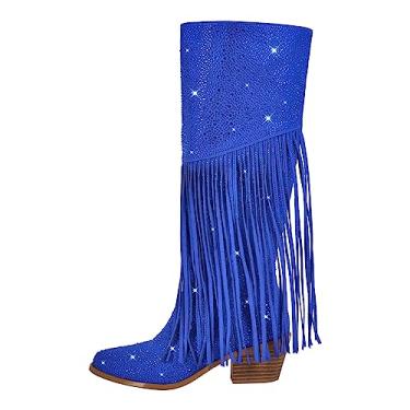 Imagem de Richealnana Botas de cano alto até o joelho femininas brilhantes strass brilhantes pedras transparentes brilhantes abas confortáveis botas de puxar com franja borla, Borla azul, 38