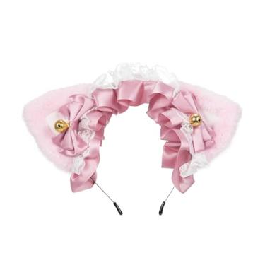 Imagem de Dioche Ornamento de Cabelo Fofo, Tiara Delicada Com Orelhas de Gato Com Laço e Sino, Tecido de Pelúcia, Tamanho único, Fácil de Manter, Ideal para Cosplay, Festas e (Rosa e rosa empoeirado)