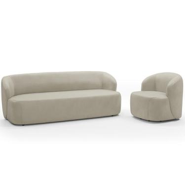 Imagem de Sofá 3 Lugares 205cm Com Poltrona Giratória Orgânica Heidy F04 Veludo Bege - Lyam Decor