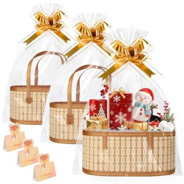 Imagem de Conjunto de 3 cestas para presentes vazias, cesta grande de bambu com alça, cesta de tecido decorativa reutilizável dobrável para Natal, chá de bebê, dia das mães, inauguração de casa, casamento