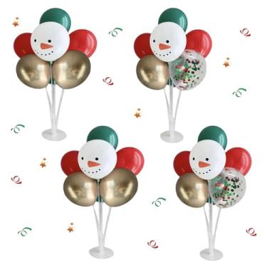 Imagem de 4 conjuntos de centros de mesa de balão de Natal para mesas, suportes de balões de boneco de neve para mesas, balões vermelhos verdes e dourados para festa de Natal, decorações de mesa para festa de