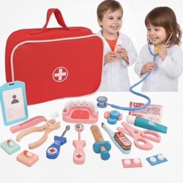 Imagem de Kit Médico Infantil Montessori em Madeira, 20 peças Maleta Vermelha com Acessórios Educativos, Brinquedo de Faz de Conta para Crianças Acima de 4 Anos