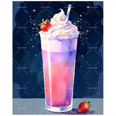 Imagem de TAOPAOLAB Kit de pintura Galaxy Milkshake por números para adultos - Pintura de bebida batida de morango DIY em tela 40,6 x 50 cm, conjunto de tinta acrílica, adequado para iniciantes, arte de comida