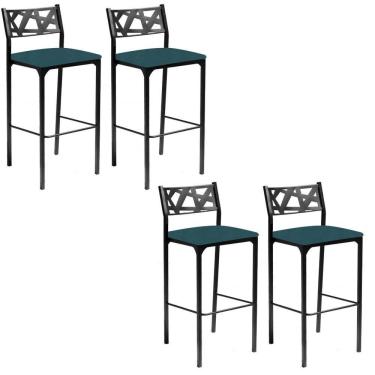 Imagem de Kit 04 Banquetas Alta Com Encosto Luiza Gourmet Para Balcão Cozinha Suede Azul Turquesa - Aurora Line
