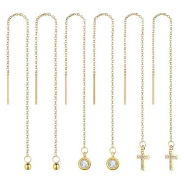 Imagem de Rofusn 3 pares de brincos de corrente longa para mulheres, aço inoxidável, cruz, penas, borboletas, borlas, brincos Kpop, brincos de gota, joias de casamento, Aço inoxidável, Sem pedra preciosa