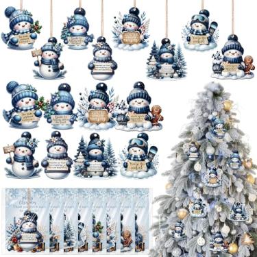 Imagem de Threehoney 40 conjuntos de enfeites de boneco de neve de madeira para pendurar em massa para presente de agradecimento do funcionário, enfeite azul de inverno para árvore de Natal com cartão de
