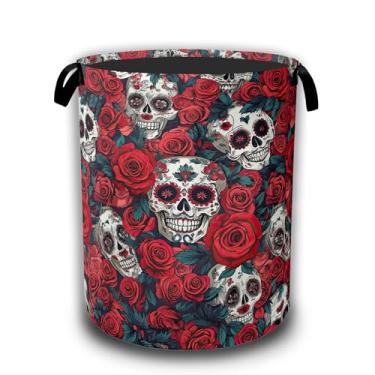 Imagem de Cesto de roupa suja rosa vermelha crânio, cestos de lavanderia esqueleto de flores, tecido Oxford impermeável, armazenamento de brinquedos para quarto, banheiro, berçário, 40 x 51 cm