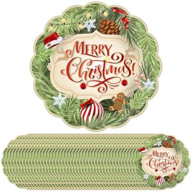 Imagem de 50 peças de jogo americano de papel de Natal descartáveis, tapetes decorativos redondos com estampa de Feliz Natal para decoração de mesa de jantar de festa de fim de ano