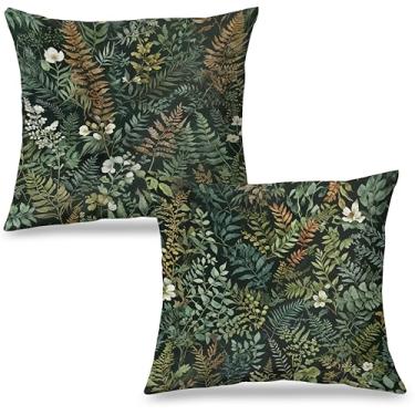 Imagem de Exqcom Conjunto de 2 capas de almofada florais com plantas verde-escuras, 45,7 x 45,7 cm, decoração de quarto de plantas, folhas de samambaia botânicas vintage e flores para casa, quarto, sala de