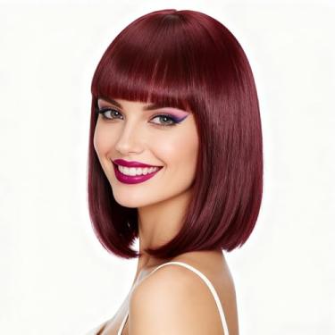 Imagem de Peruca Bob curta com franja, perucas sintéticas de cabelo liso para mulheres, cosplay de 35,5 cm, peruca bob (bordô)